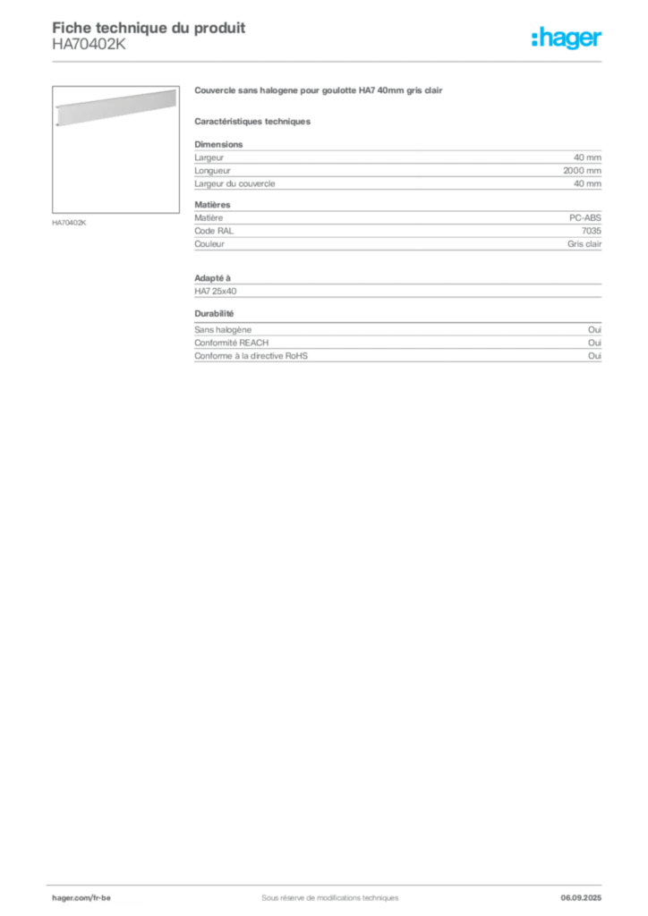 Image Hager Fiche technique du produit HA70402K | Hager Belgique