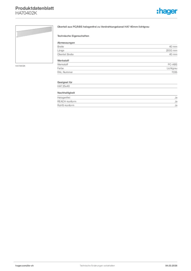 Bild Hager Produktdatenblatt HA70402K | Hager Schweiz