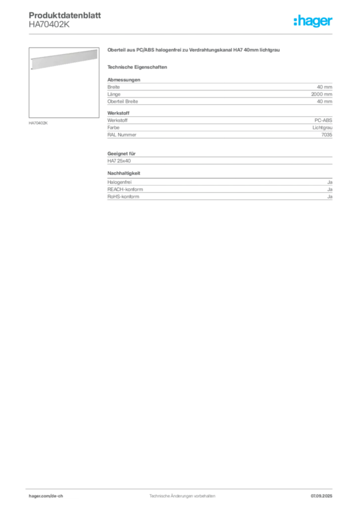 Bild Hager Produktdatenblatt HA70402K | Hager Schweiz