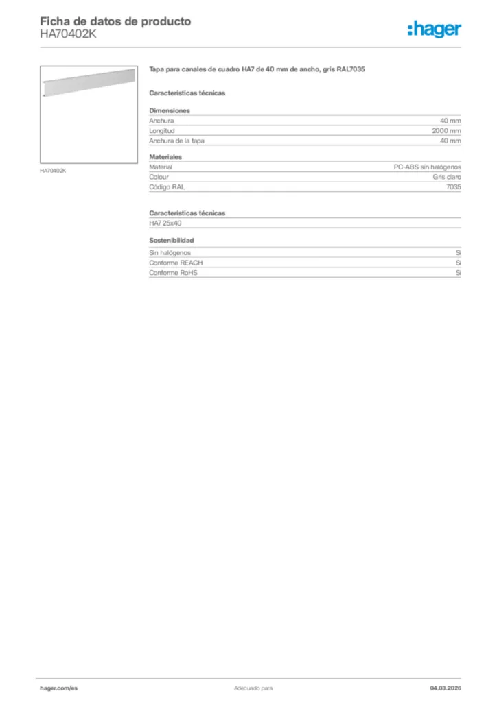 Imagen Hager Ficha de datos de producto HA70402K | Hager España