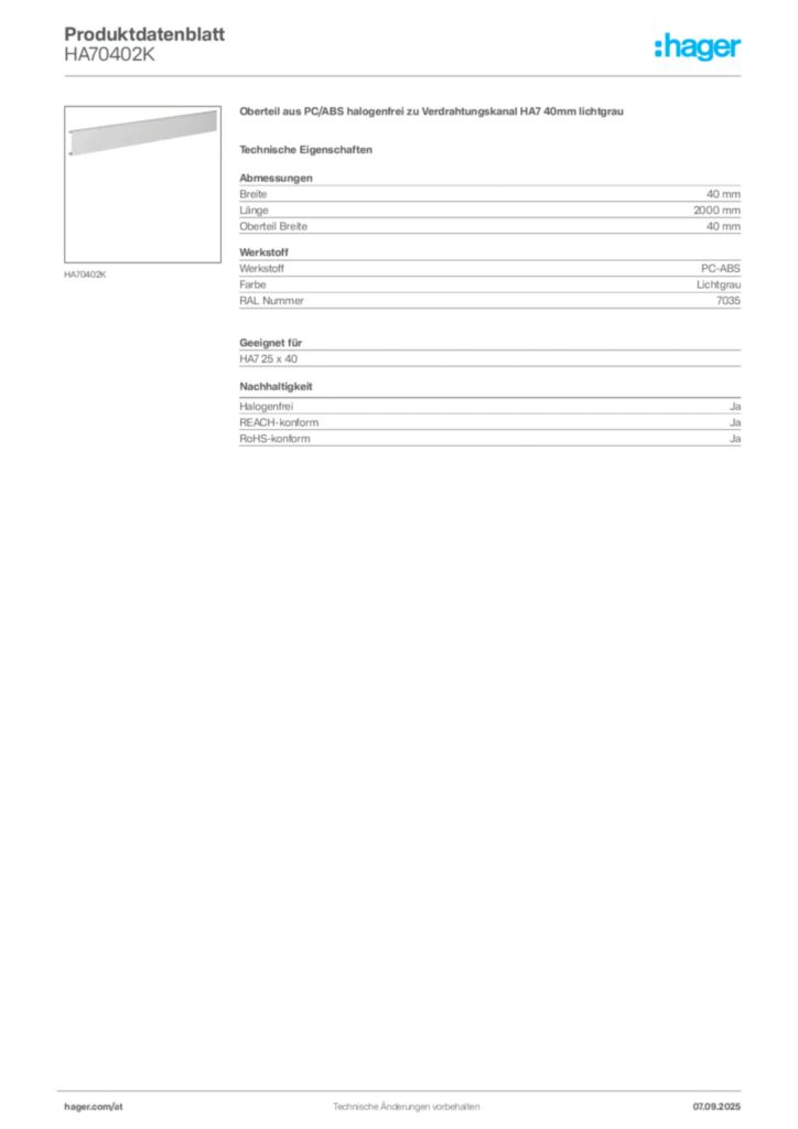 Bild Hager Produktdatenblatt HA70402K | Hager Deutschland