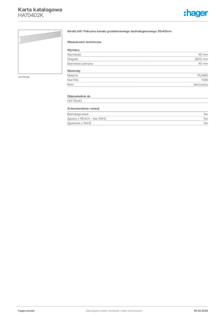 Zdjęcie Hager Karta katalogowa HA70402K | Hager Polska