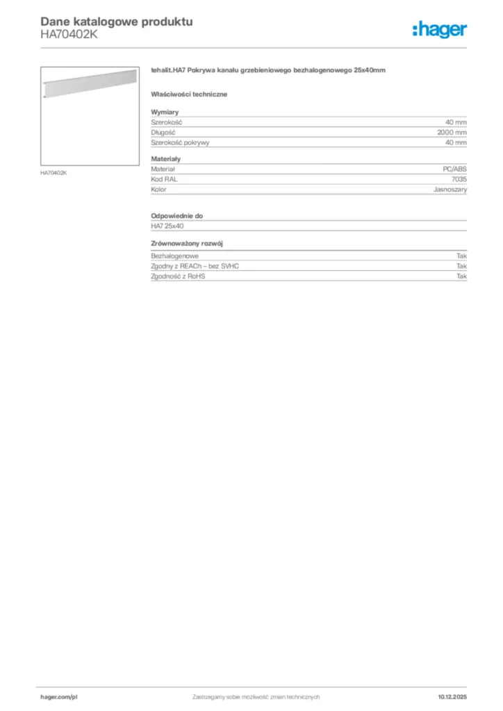 Zdjęcie Hager Dane katalogowe produktu HA70402K | Hager Polska