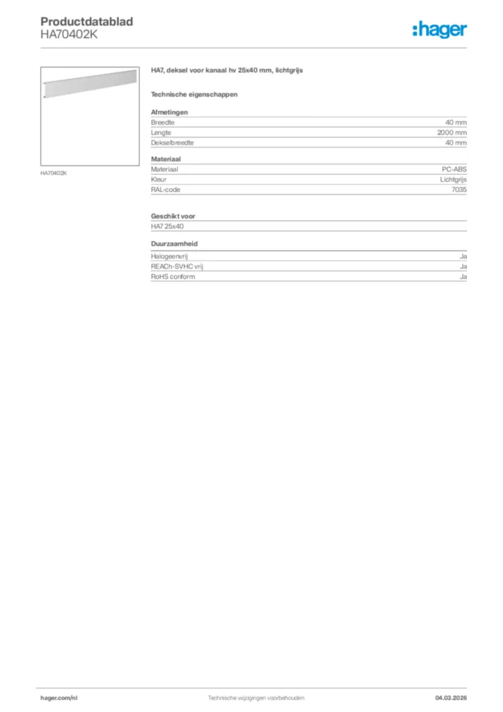 Afbeelding Hager Productdatablad HA70402K | Hager Nederland