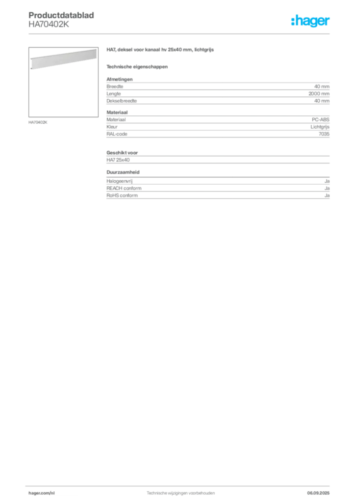 Afbeelding Hager Productdatablad HA70402K | Hager Nederland