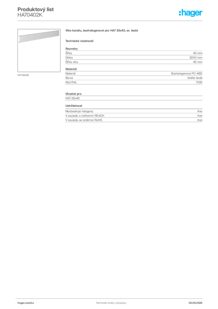 Obrázek Hager Produktový list HA70402K | Hager