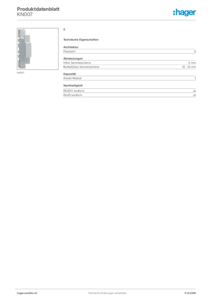 Bild Hager Produktdatenblatt KN007 | Hager Schweiz