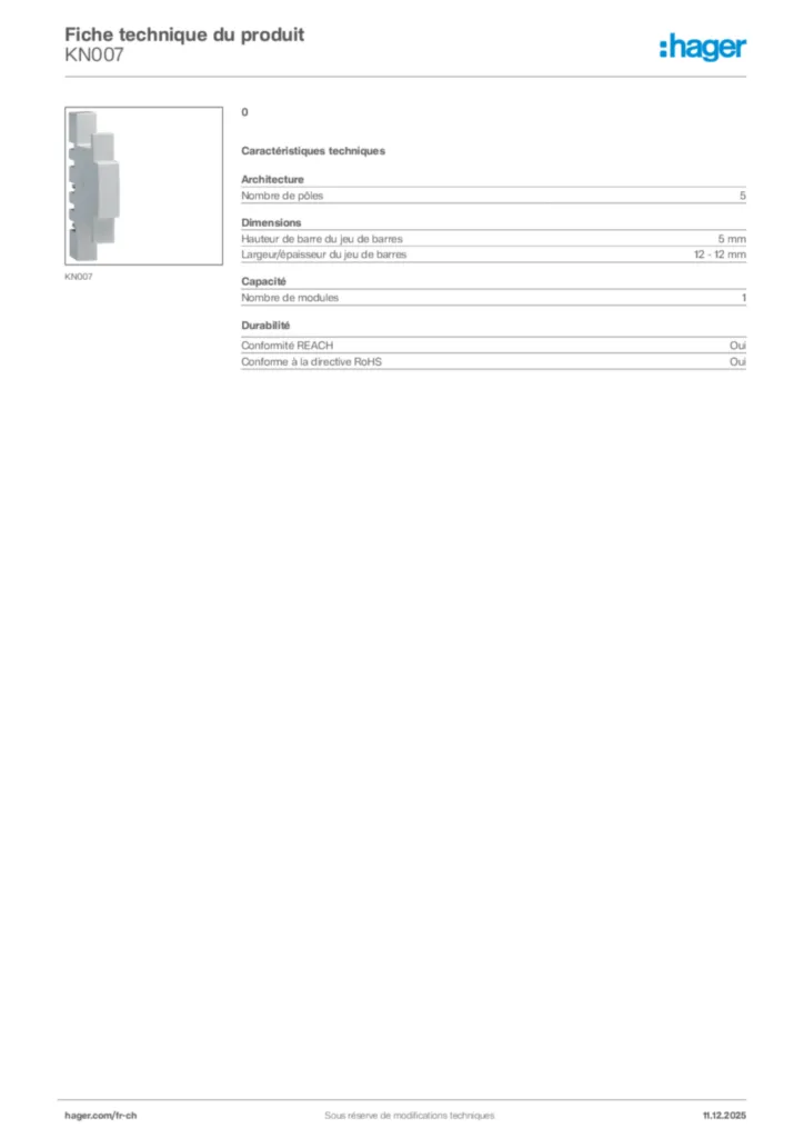 Image Hager Fiche technique du produit KN007 | Hager Suisse