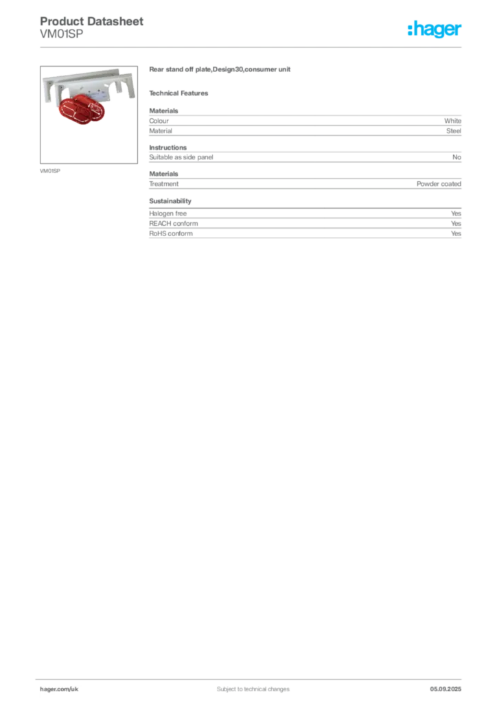 Image Hager Product data sheet VM01SP  | Hager
