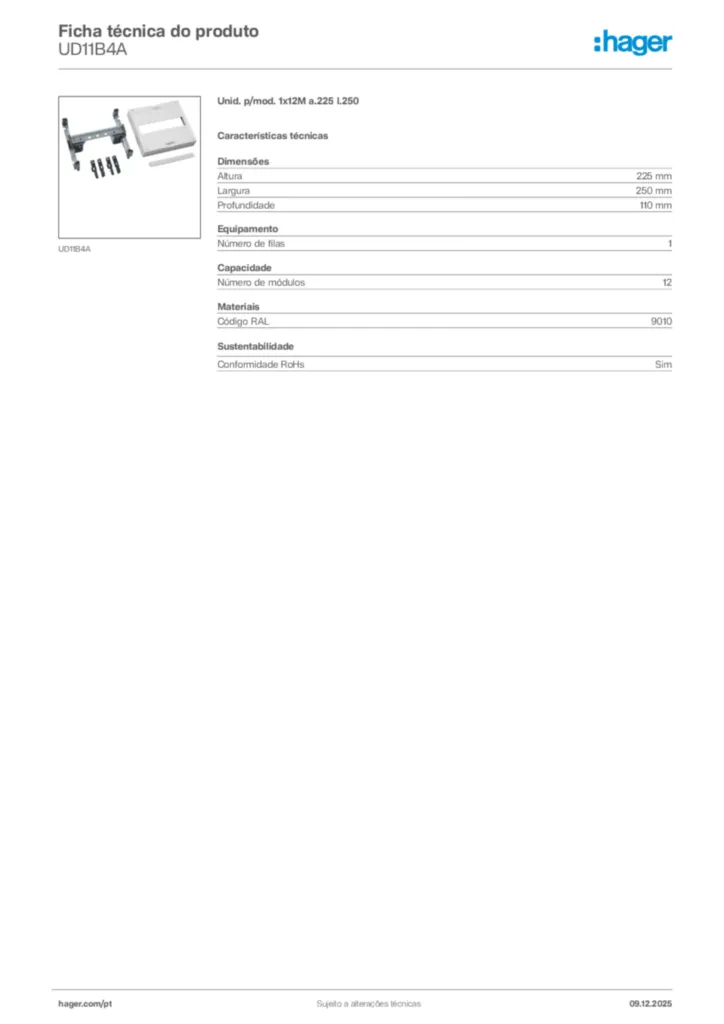 Imagem Hager Ficha técnica do produto UD11B4A | Hager Portugal