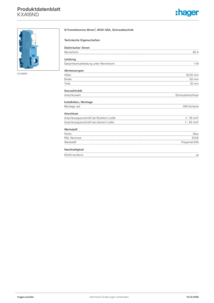 N-Trennklemme 16mm², 400V-62A, Schraubtechnik