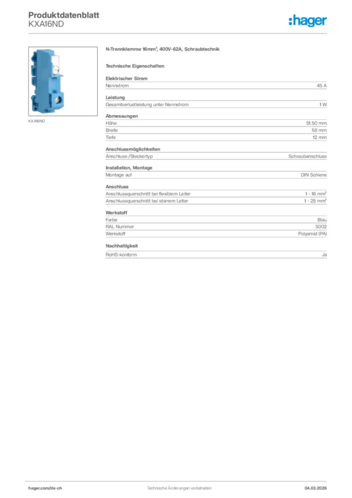 Bild Hager Produktdatenblatt KXA16ND | Hager Schweiz