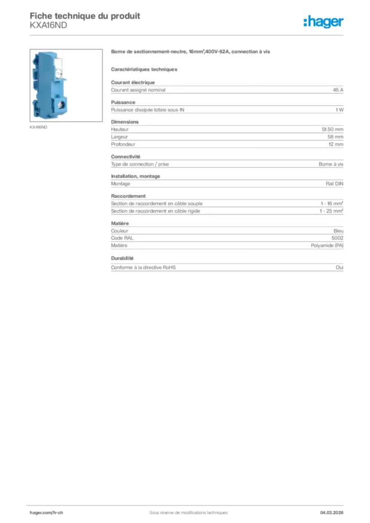 Image Hager Fiche technique du produit KXA16ND | Hager Suisse