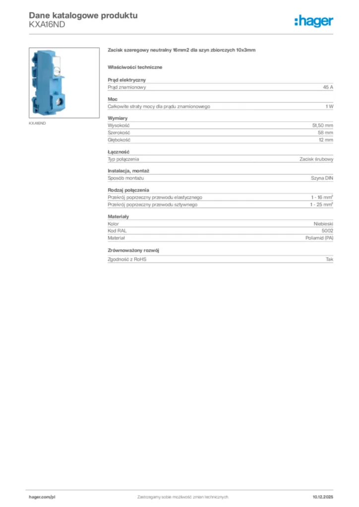 Zdjęcie Hager Dane katalogowe produktu KXA16ND | Hager Polska