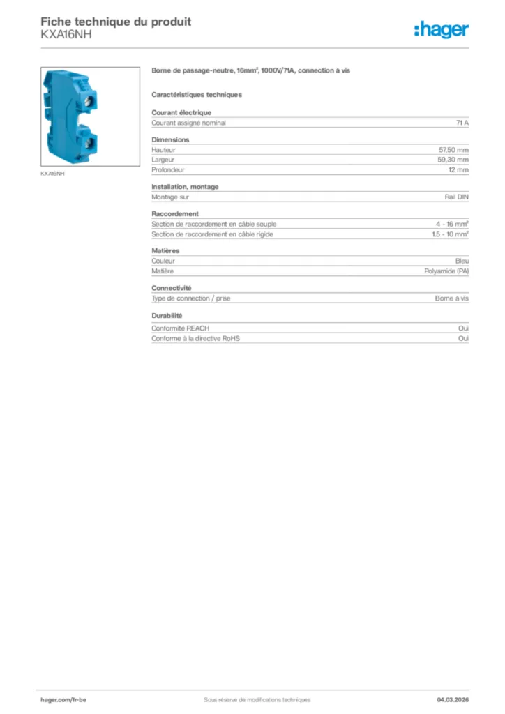 Image Hager Fiche technique du produit KXA16NH | Hager Belgique