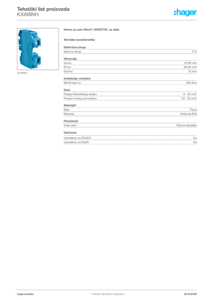 Slika Hager Product data sheet KXA16NH  | Hager
