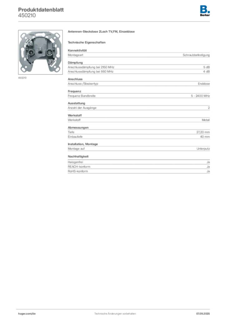 Bild Berker Produktdatenblatt 450210 | Hager Deutschland