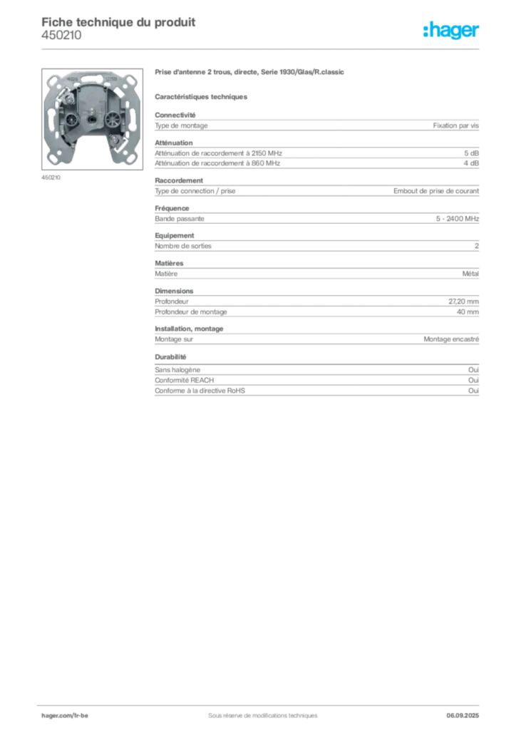 Image Hager Fiche technique du produit 450210 | Hager Belgique