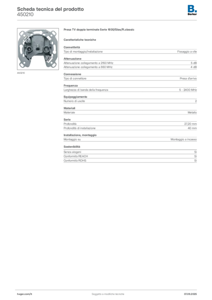 Immagine Berker Scheda tecnica del prodotto 450210 | Hager Italia