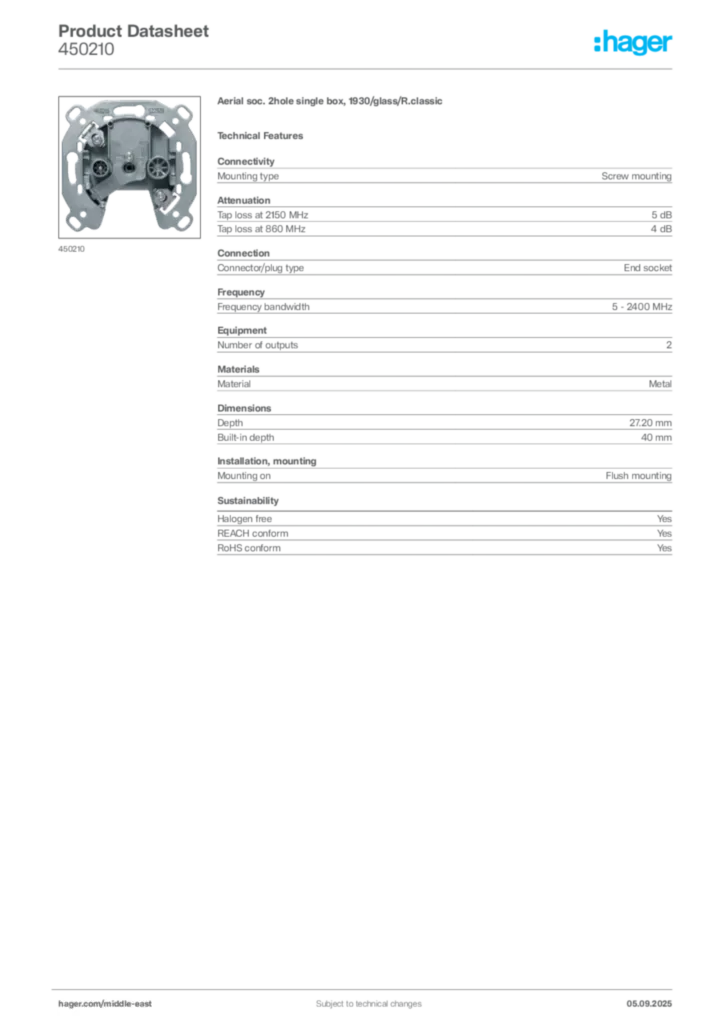 Image Hager Product data sheet 450210  | Hager