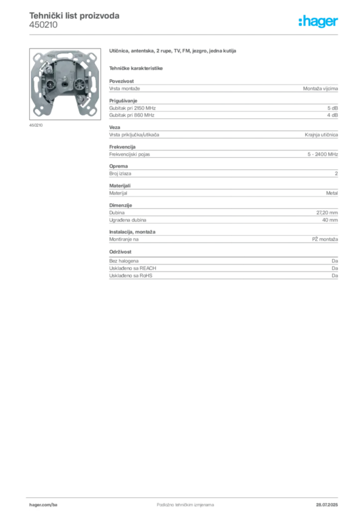 Slika Hager Product data sheet 450210  | Hager