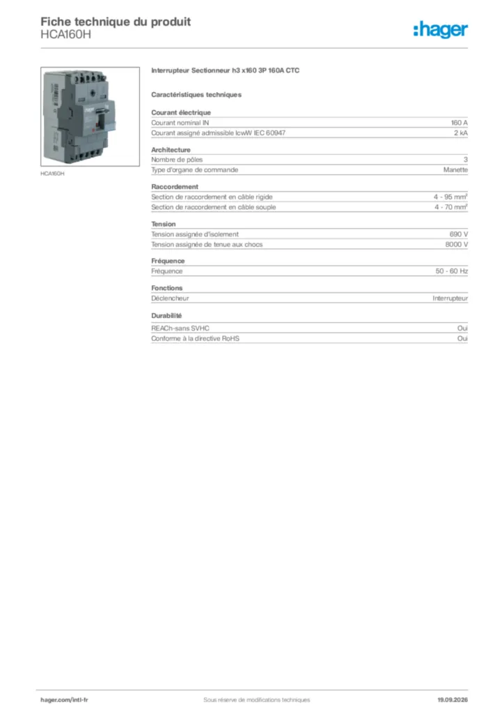 Image Hager Fiche technique du produit HCA160H | Hager Afrique
