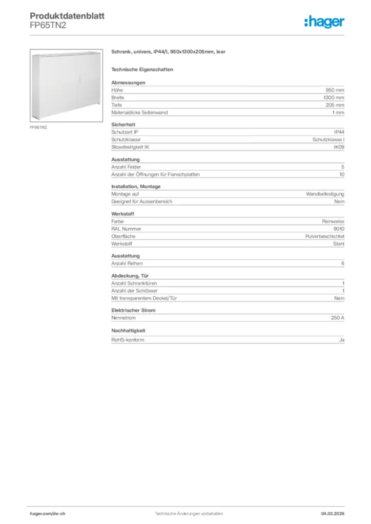 Bild Hager Produktdatenblatt FP65TN2 | Hager Schweiz