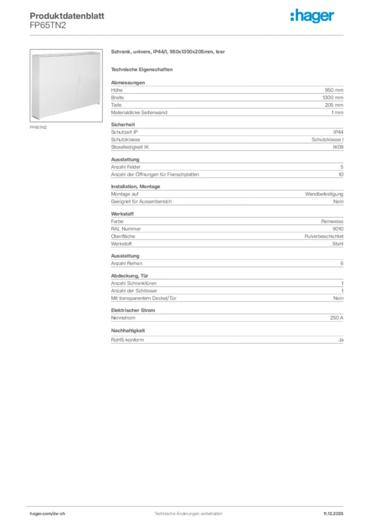 Bild Hager Produktdatenblatt FP65TN2 | Hager Schweiz