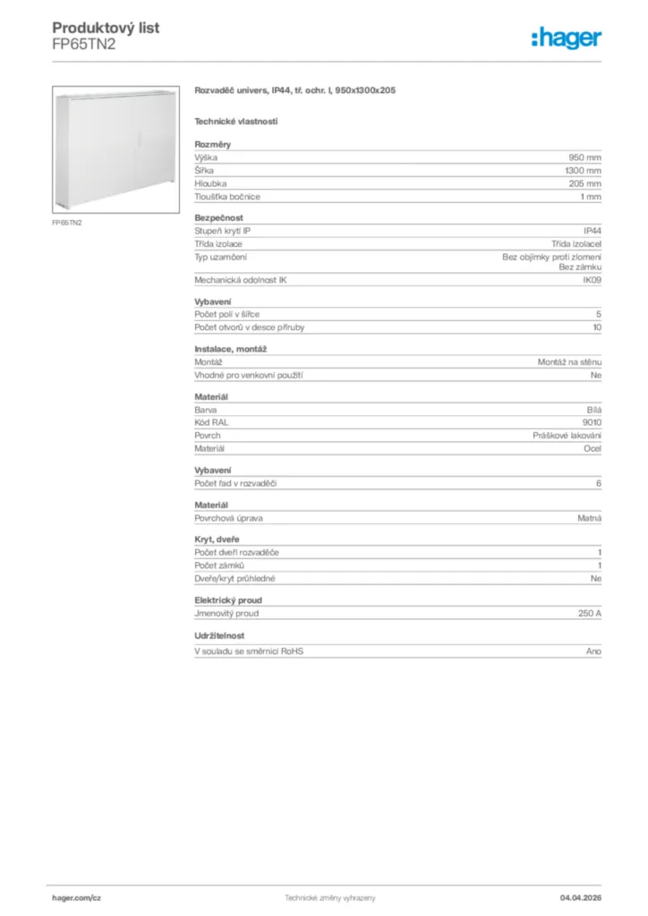 Obrázek Hager Product data sheet FP65TN2 | Hager