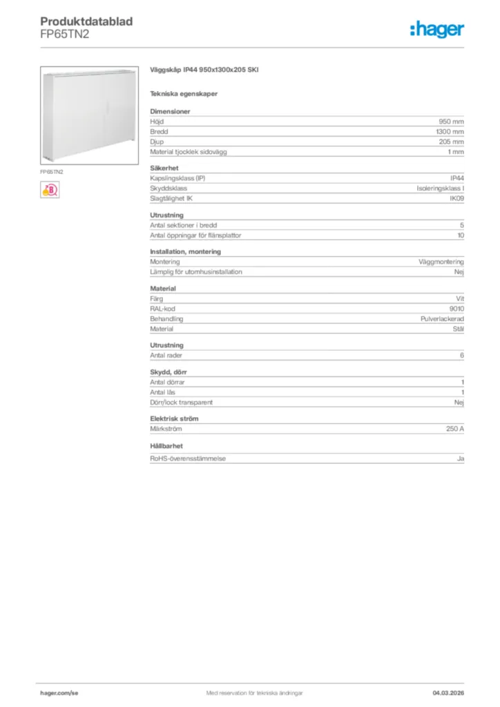 Bild Hager Produktdatablad FP65TN2 | Hager Sverige