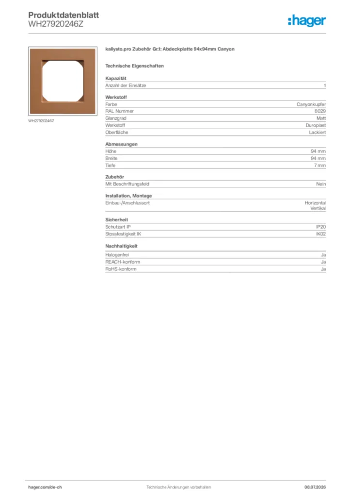 Bild Hager Produktdatenblatt WH27920246Z | Hager Schweiz