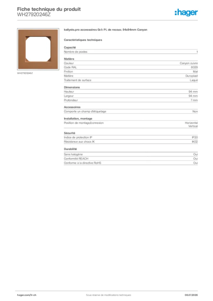 Image Hager Fiche technique du produit WH27920246Z | Hager Suisse