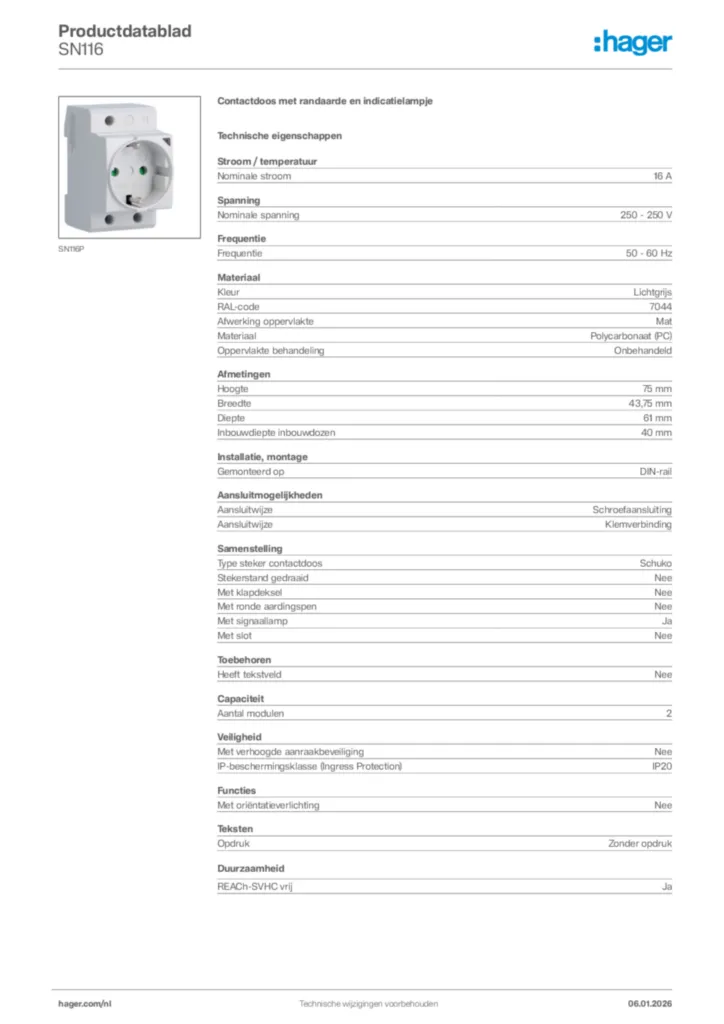 Afbeelding Hager Productdatablad SN116 | Hager Nederland