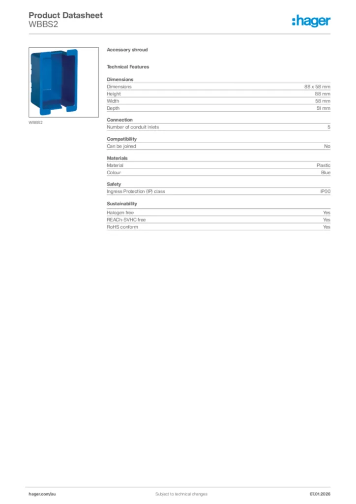 Image Hager Product data sheet WBBS2  | Hager Australia