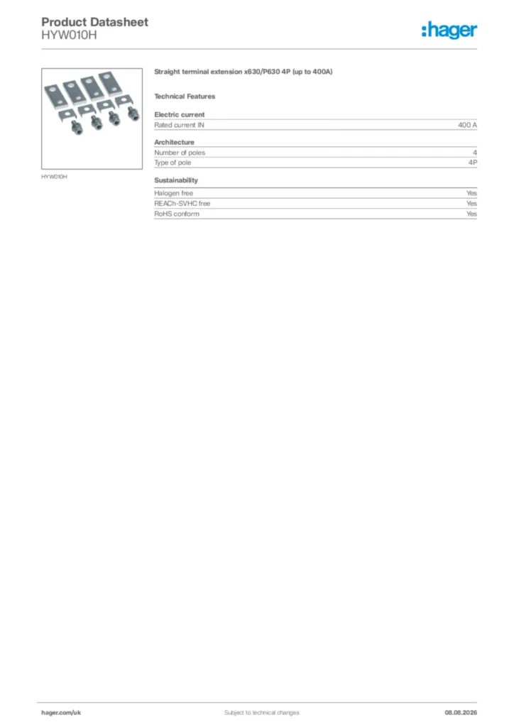 Image Hager Product data sheet HYW010H  | Hager