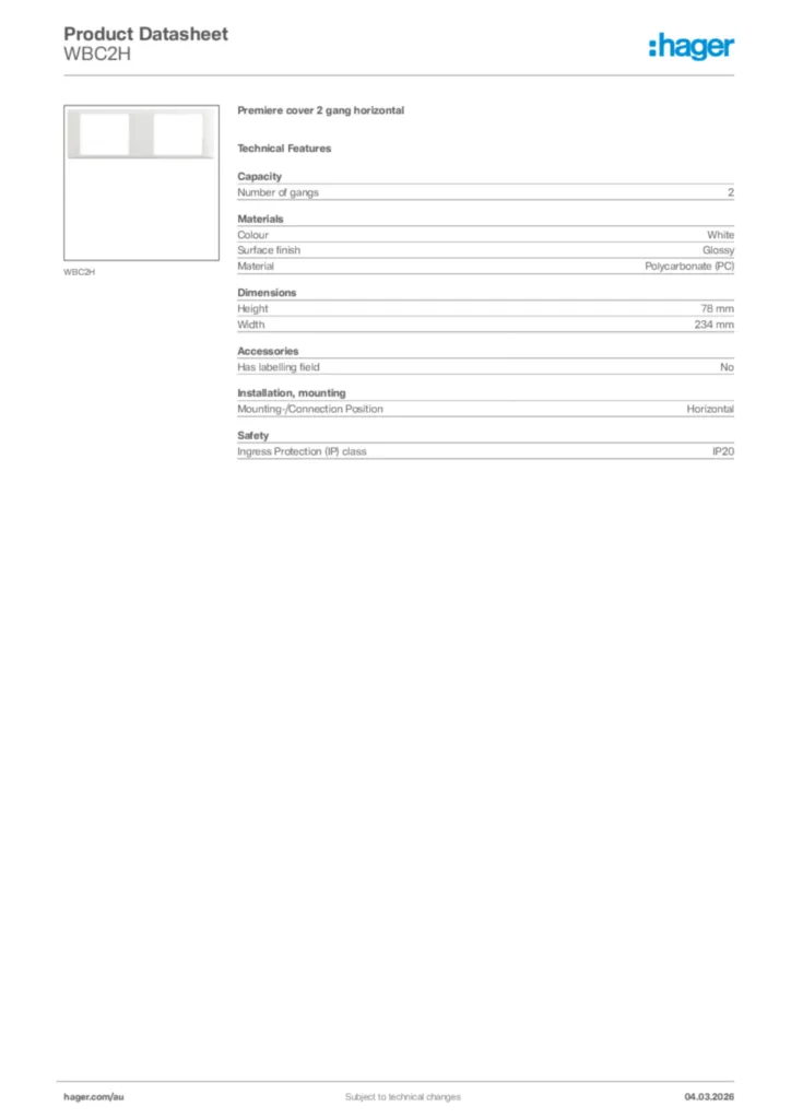 Image Hager Product data sheet WBC2H  | Hager Australia