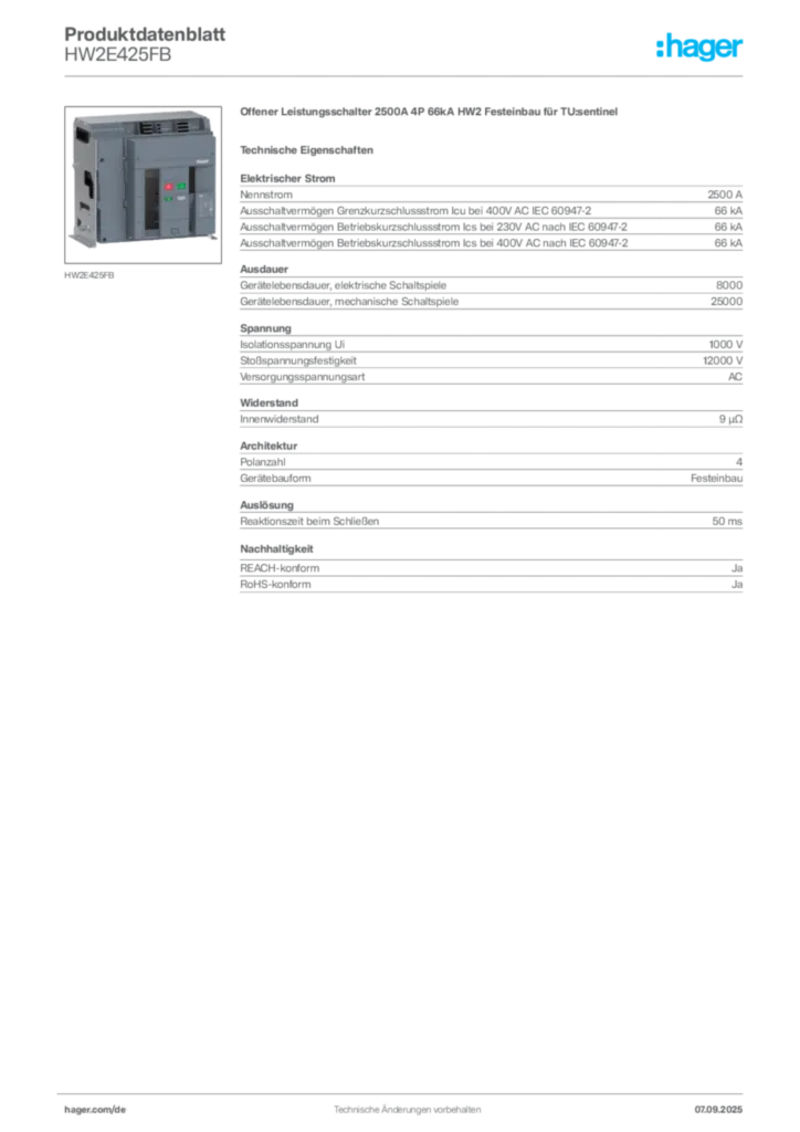 Bild Hager Produktdatenblatt HW2E425FB | Hager Deutschland