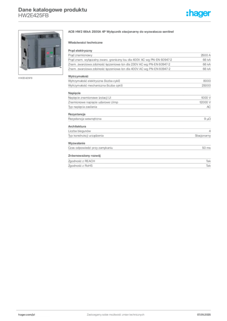 Zdjęcie Hager Dane katalogowe produktu HW2E425FB | Hager Polska