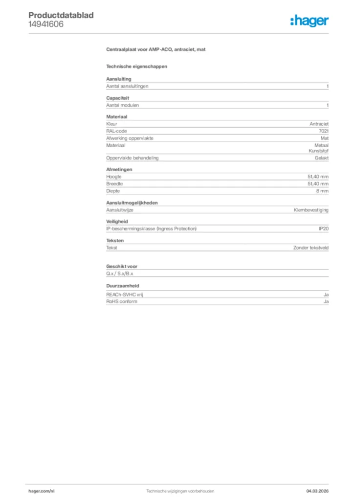 Afbeelding Hager Productdatablad 14941606 | Hager Nederland