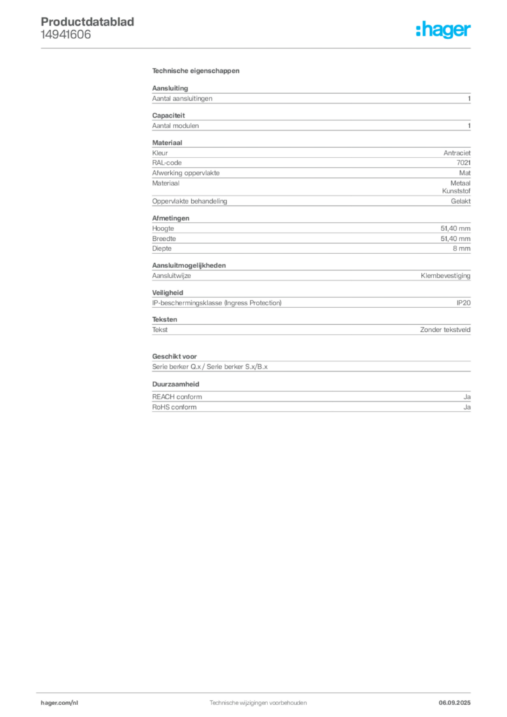 Afbeelding Hager Productdatablad 14941606 | Hager Nederland