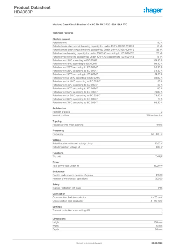 Image Hager Product data sheet HDA080P  | Hager