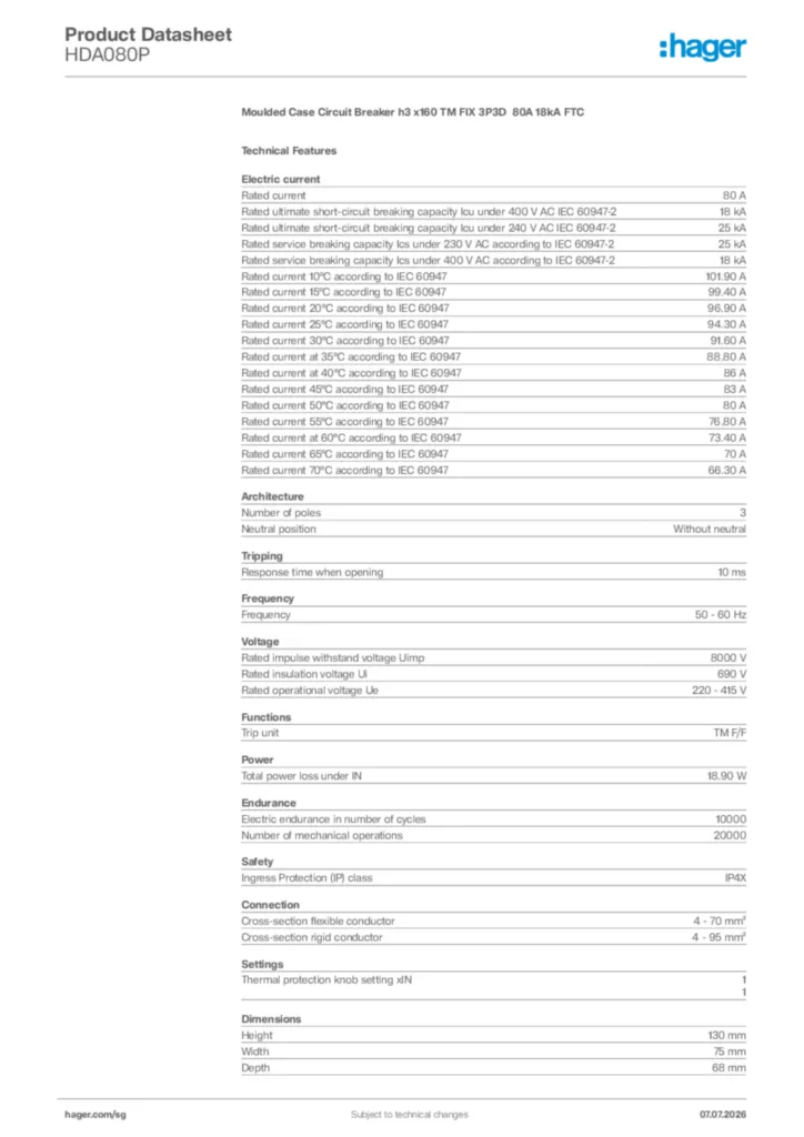 Image Hager Product data sheet HDA080P  | Hager