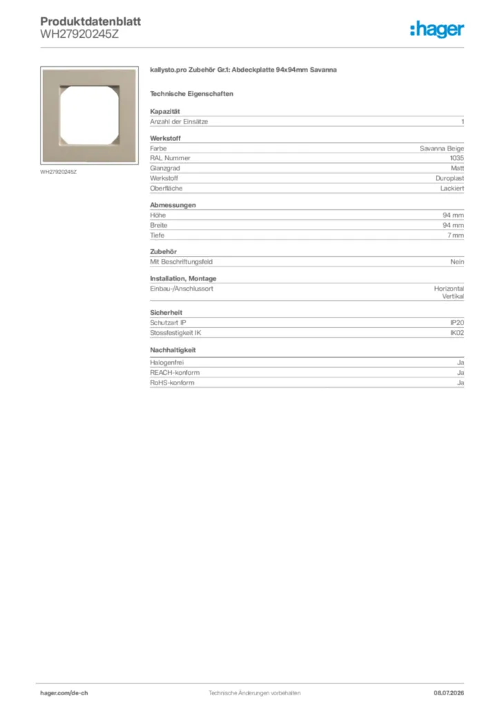 Bild Hager Produktdatenblatt WH27920245Z | Hager Schweiz