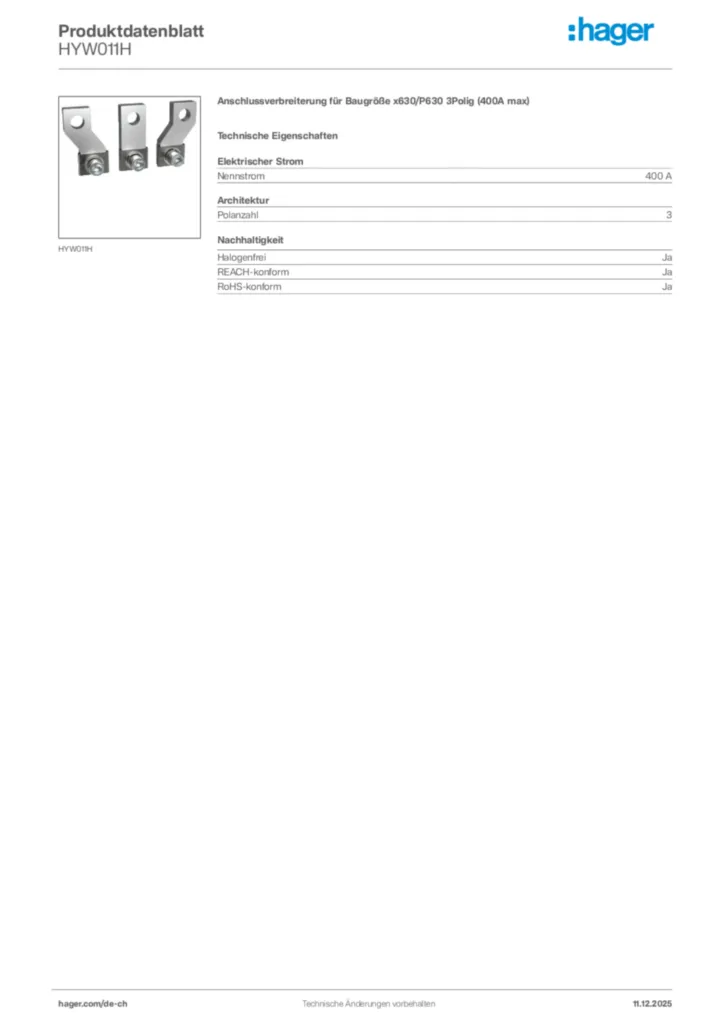 Bild Hager Produktdatenblatt HYW011H | Hager Schweiz