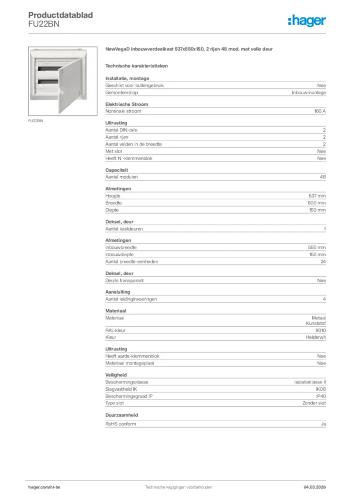 Afbeelding Hager Productdatablad FU22BN | Hager Belgium