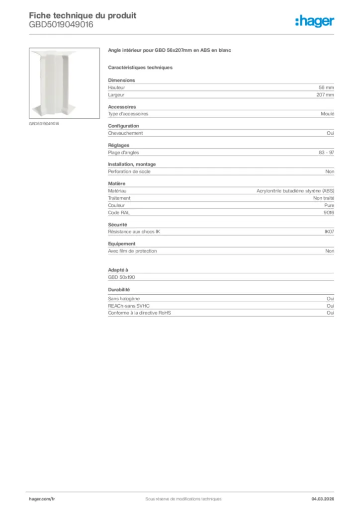 Image Hager Fiche technique du produit GBD5019049016 | Hager France