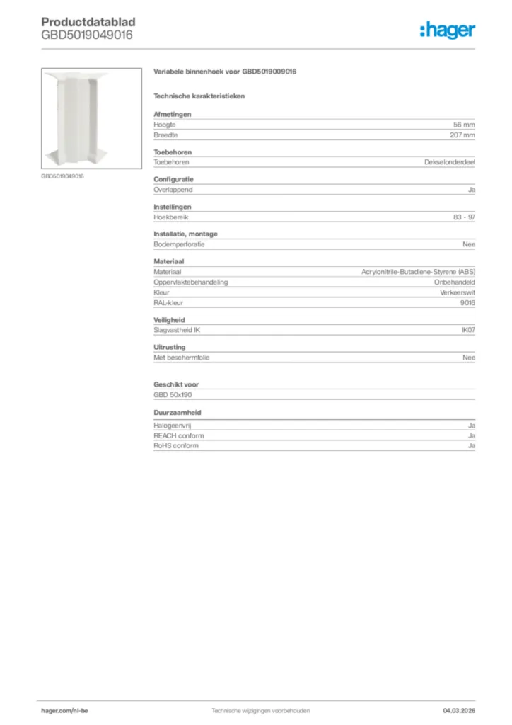 Afbeelding Hager Productdatablad GBD5019049016 | Hager Belgium