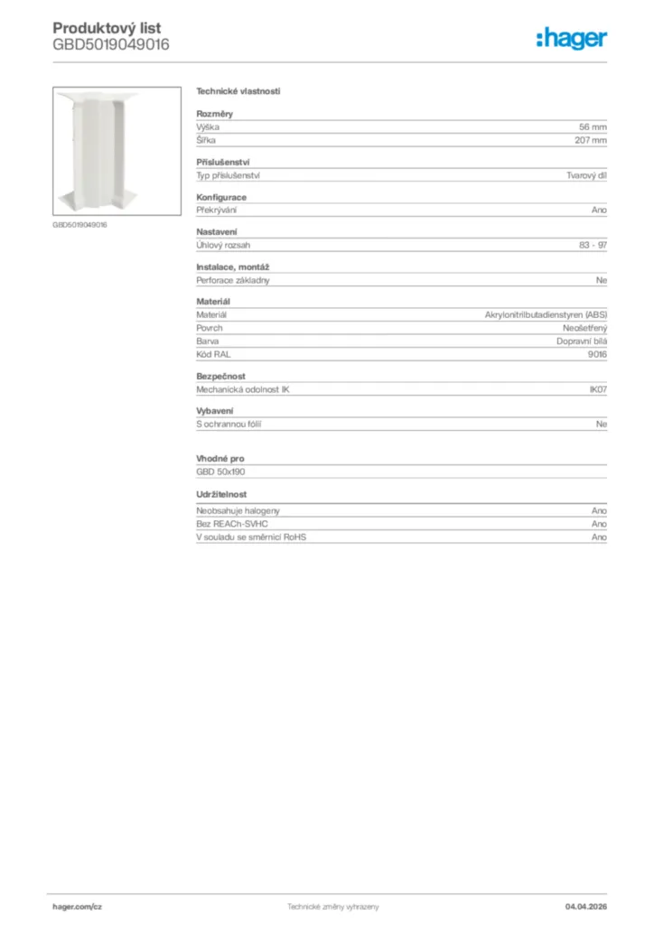 Obrázek Hager Product data sheet GBD5019049016 | Hager