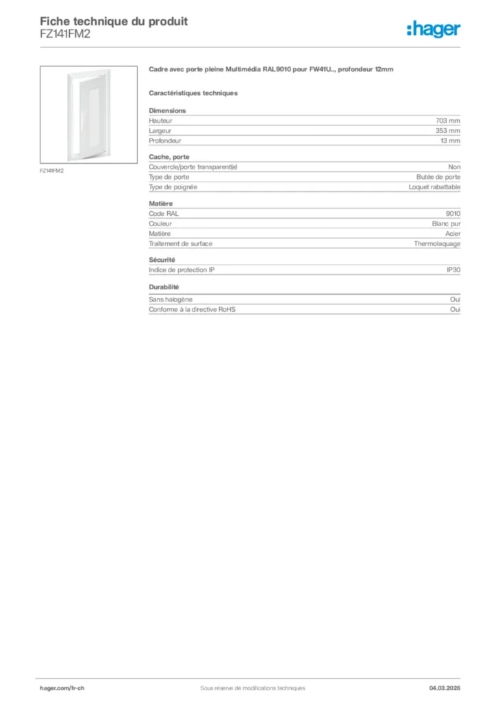Image Hager Fiche technique du produit FZ141FM2 | Hager Suisse