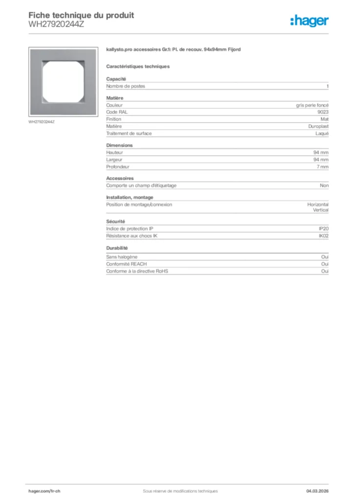 Image Hager Fiche technique du produit WH27920244Z | Hager Suisse